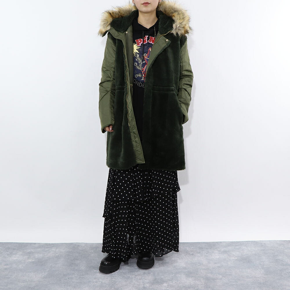 PINKO カーキ ミリタリーコート ロングコート ファー フード付き 1G17Y3-Y4XS