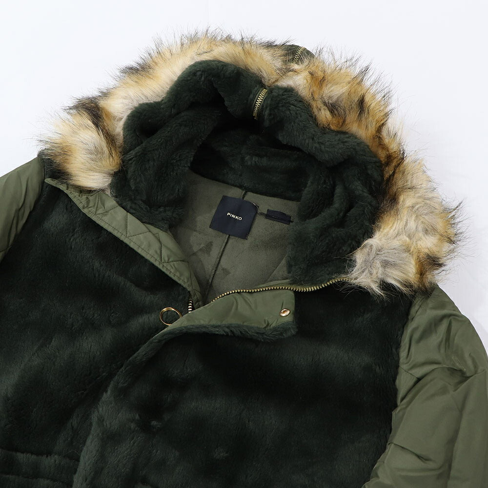 PINKO カーキ ミリタリーコート ロングコート ファー フード付き 1G17Y3-Y4XS