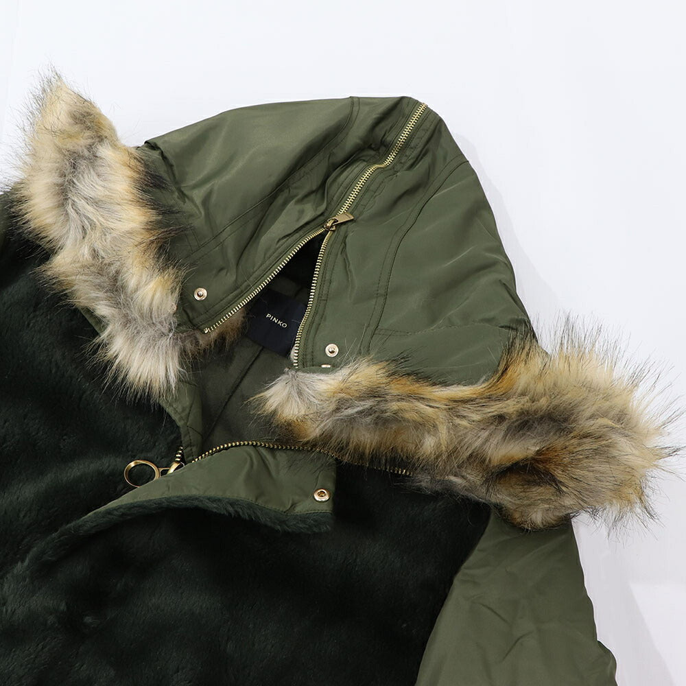 PINKO カーキ ミリタリーコート ロングコート ファー フード付き 1G17Y3-Y4XS