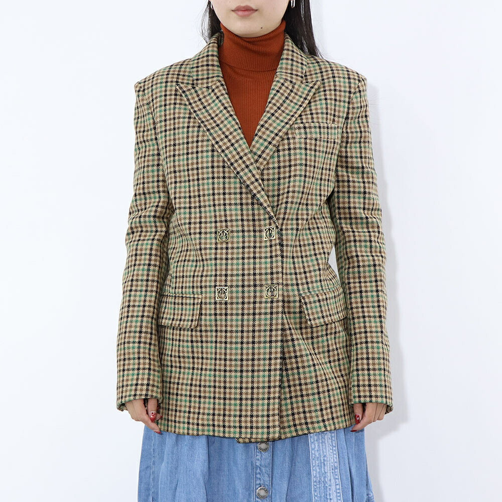 PINKO ベージュ系 ダブルブレスト チェック柄 テーラードジャケット 1G1834-A07Q