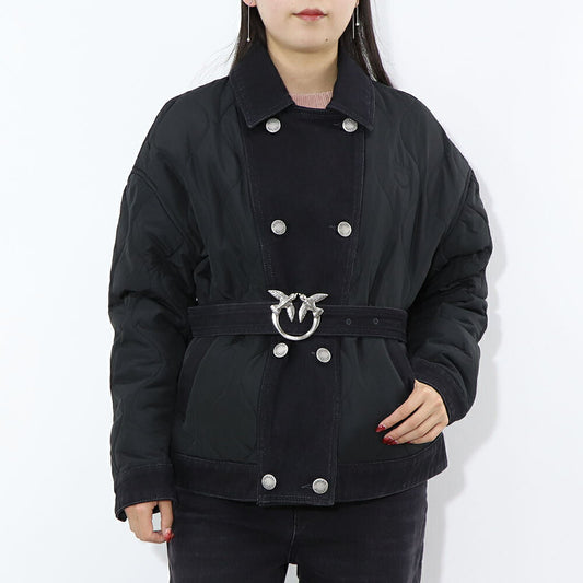 PINKO ブラック キルティング デニムコンビ ダブルジャケット 1J110W-A0A2