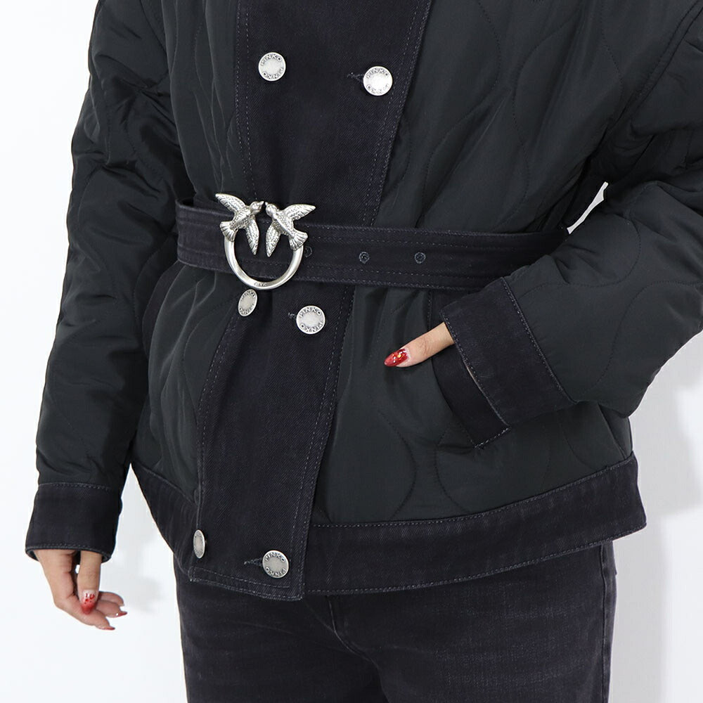 PINKO ブラック キルティング デニムコンビ ダブルジャケット 1J110W-A0A2