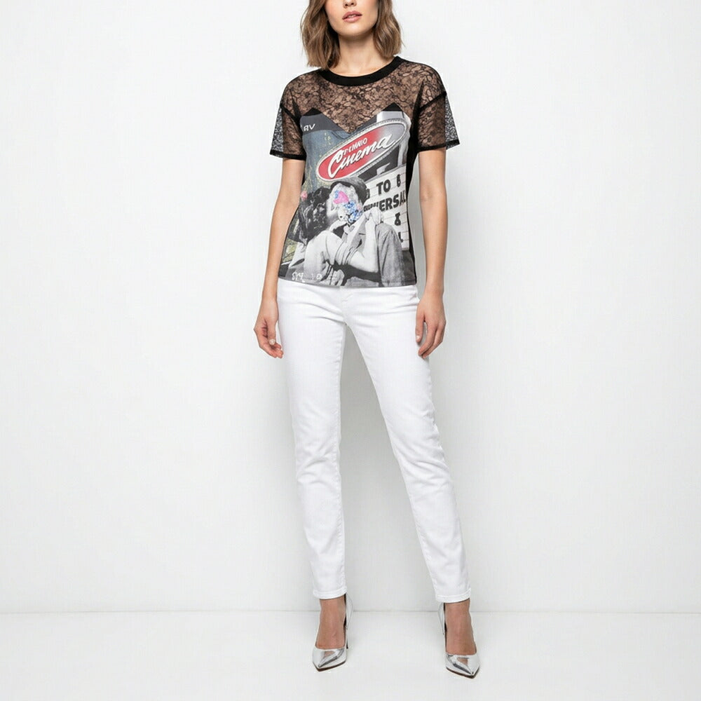 PINKO ピンコ レディース トップス Tシャツ・カットソー ブラック レーススリーブ グラフィック 半袖 1G14WR-Y5BD