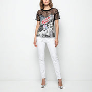 PINKO ピンコ レディース トップス Tシャツ・カットソー ブラック レーススリーブ グラフィック 半袖 1G14WR-Y5BD