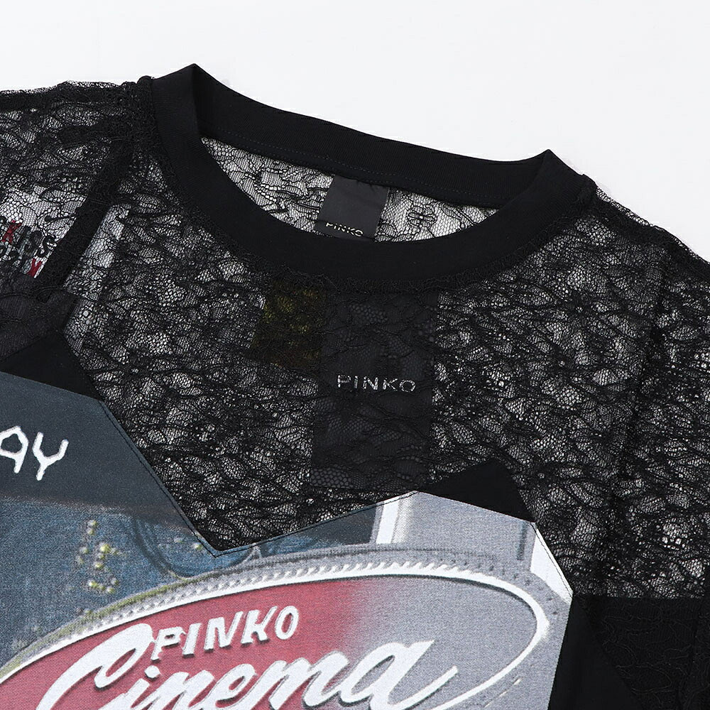 PINKO ピンコ レディース トップス Tシャツ・カットソー ブラック レーススリーブ グラフィック 半袖 1G14WR-Y5BD