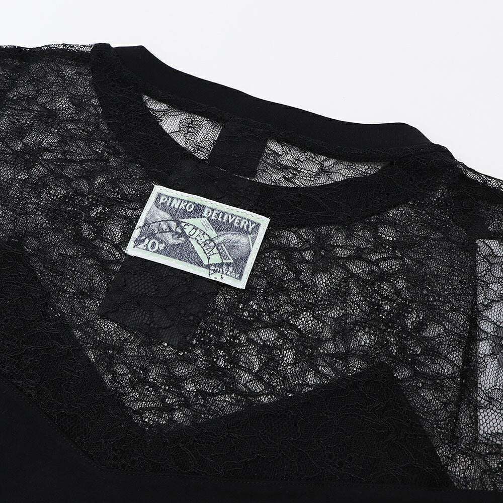 PINKO ピンコ レディース トップス Tシャツ・カットソー ブラック レーススリーブ グラフィック 半袖 1G14WR-Y5BD