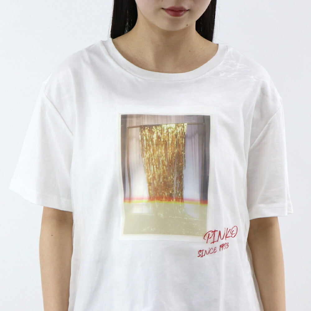 PINKO Tシャツ ホワイト レース プリント 半袖 1G14XG-Y5BD