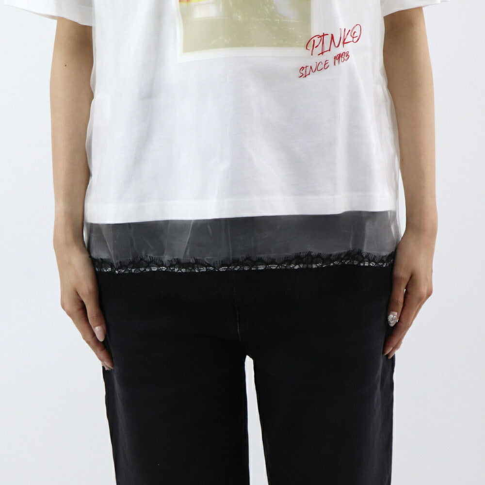 PINKO Tシャツ ホワイト レース プリント 半袖 1G14XG-Y5BD