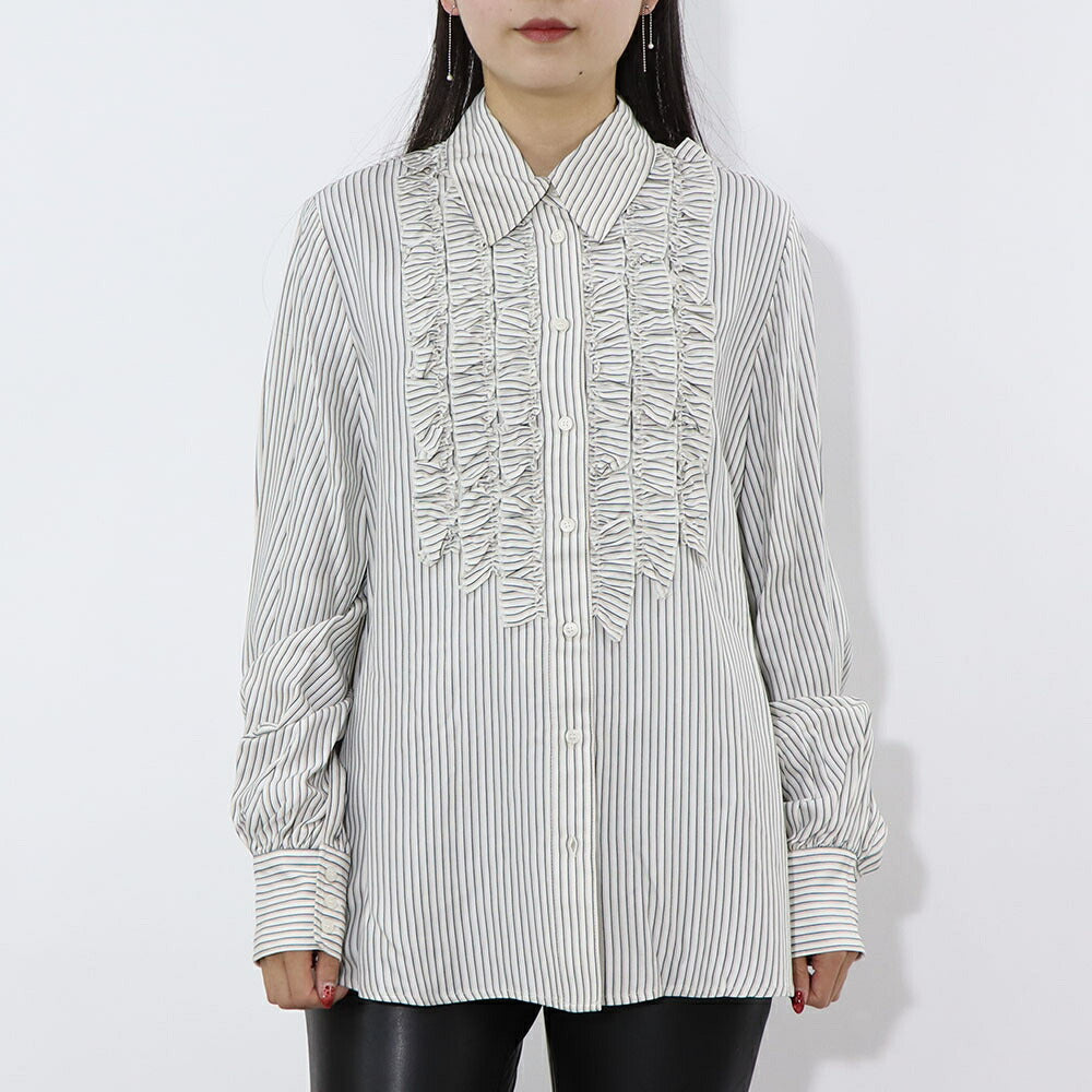 PINKO ブラウス ホワイト×グリーン ストライプ フリル 1G14WM-7946