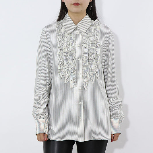 PINKO ブラウス ホワイト×グリーン ストライプ フリル 1G14WM-7946