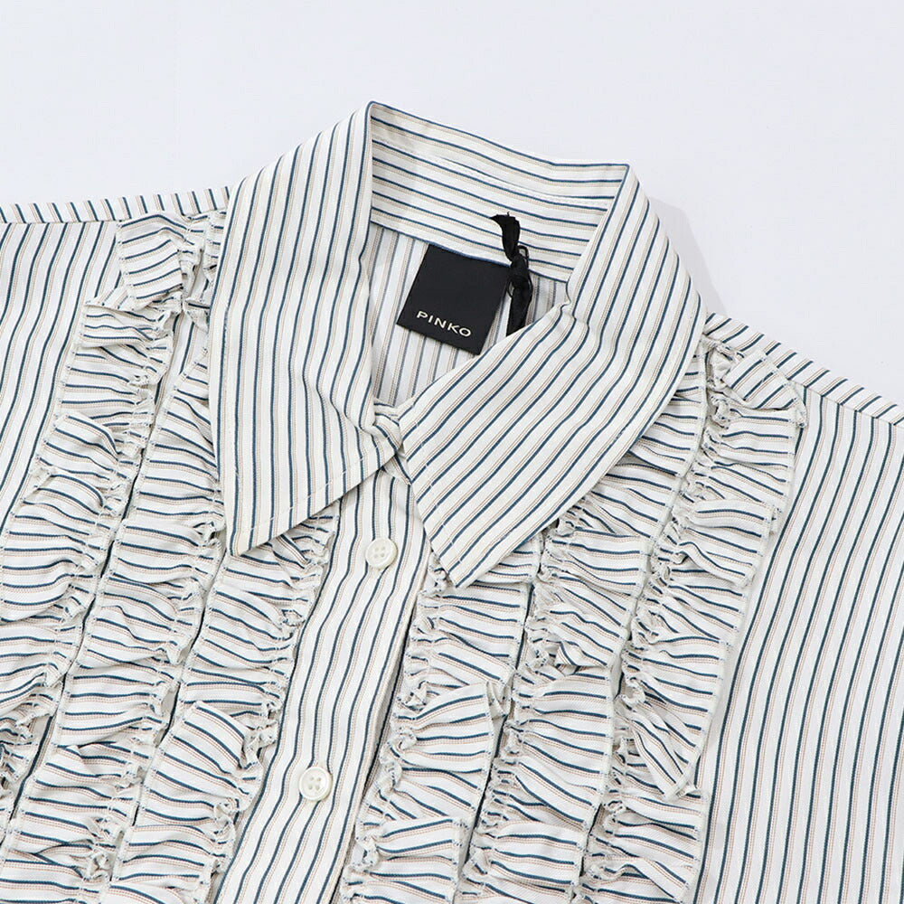 PINKO ブラウス ホワイト×グリーン ストライプ フリル 1G14WM-7946