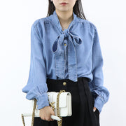 PINKO ブルー デニムシャツ ボウタイ リボンタイ 1J112R-A0CW