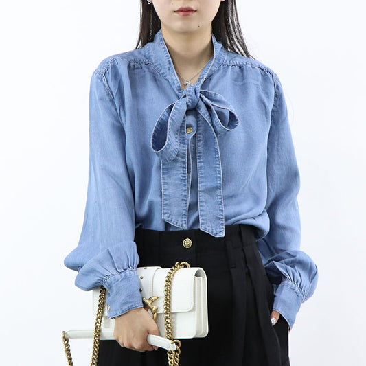 PINKO ブルー デニムシャツ ボウタイ リボンタイ 1J112R-A0CW