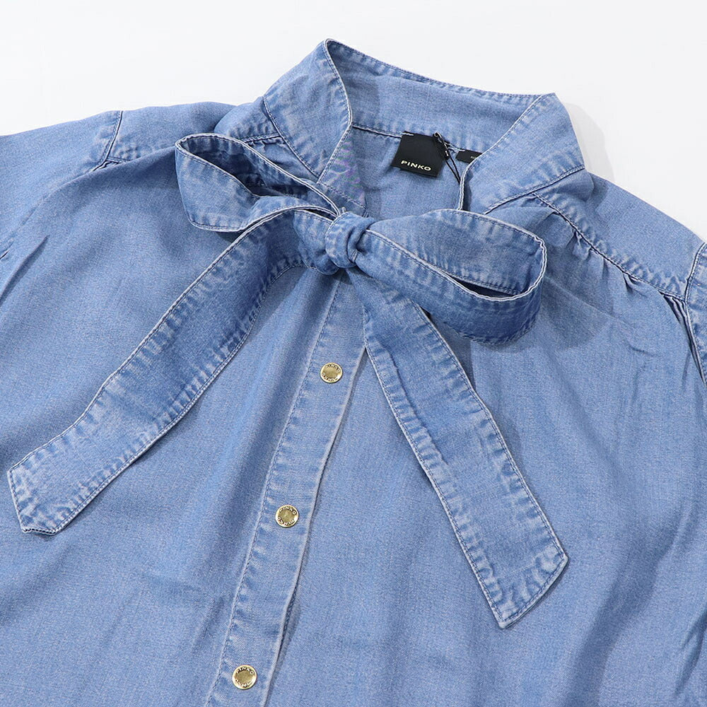 PINKO ブルー デニムシャツ ボウタイ リボンタイ 1J112R-A0CW
