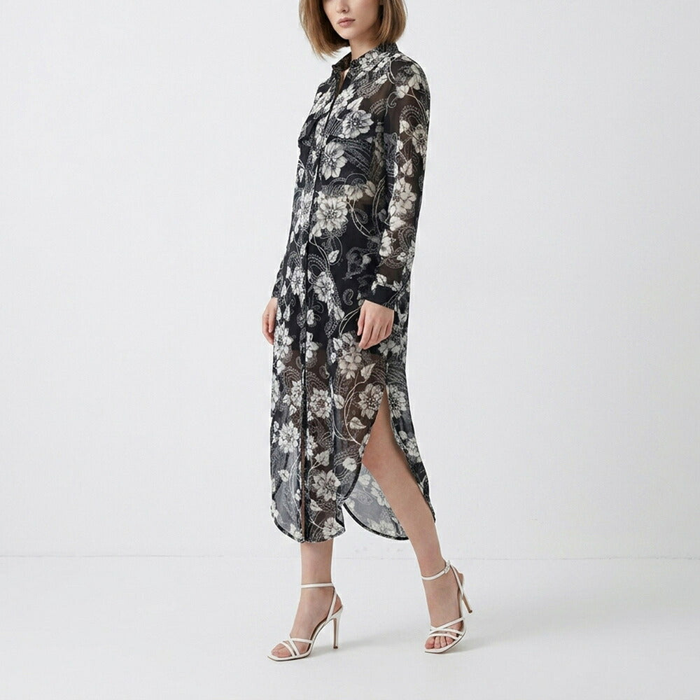 PINKO ピンコ レディース ワンピース ブラック コットン 総柄 シアー シャツワンピース 1Q10DC-A084