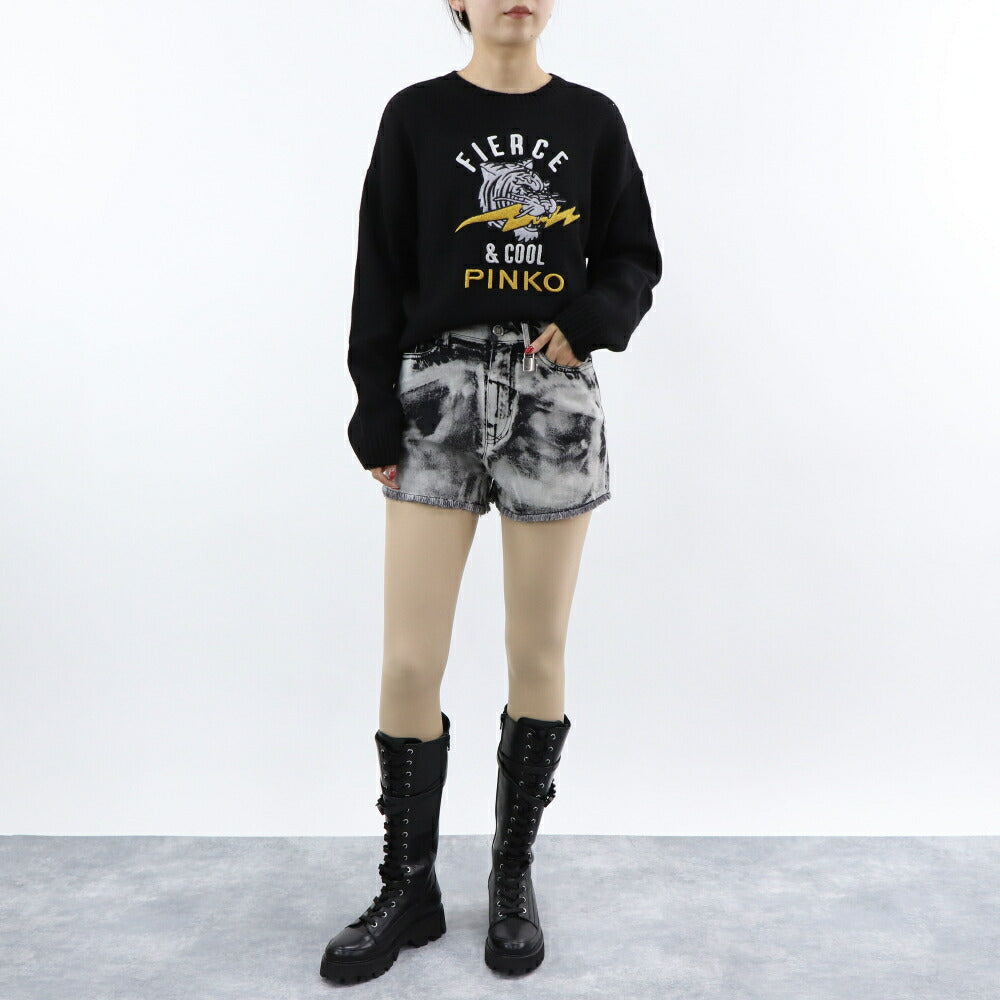 PINKO ショートパンツ ブラック×ホワイト タイダイ柄 南京錠 1Q1031-Y6A8