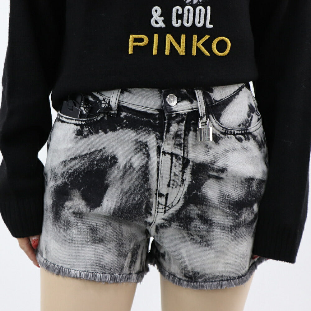 PINKO ショートパンツ ブラック×ホワイト タイダイ柄 南京錠 1Q1031-Y6A8