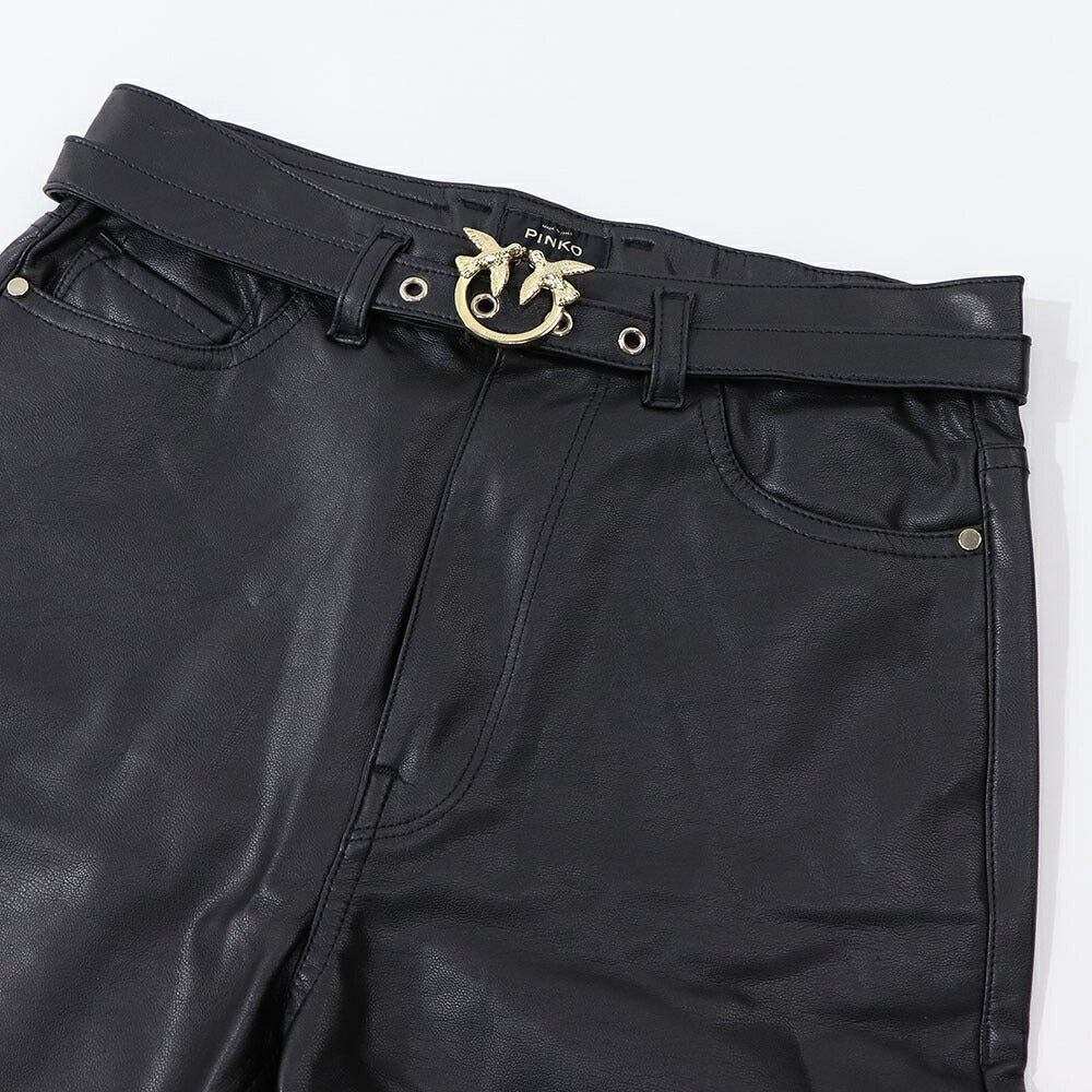PINKO ロングパンツ ブラック レザー風 1G15KT-Y6GQ
