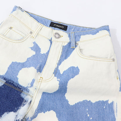 PINKO デニムパンツ ブルー×ホワイト ストレート スパンコール 1J10V9-Y653