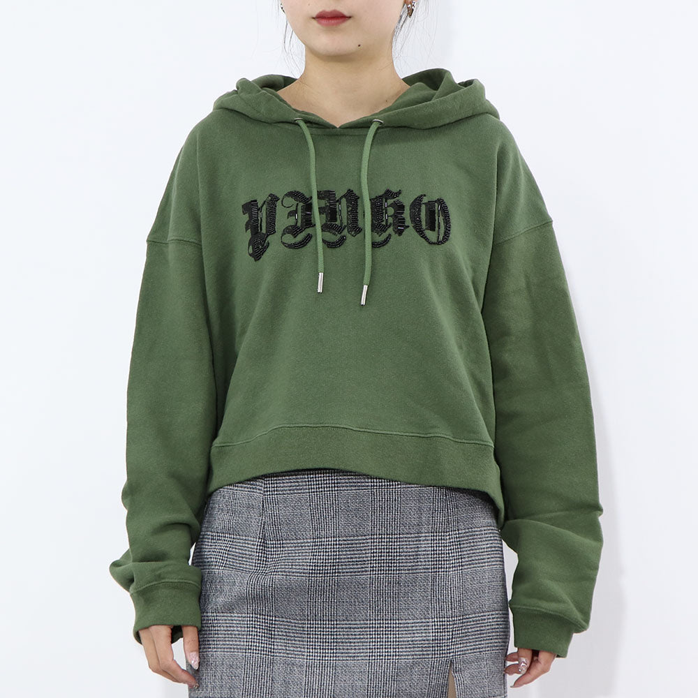 PINKO スウェット カーキ ロゴ ビーズ クロップド丈 1G16FP-Y72Z