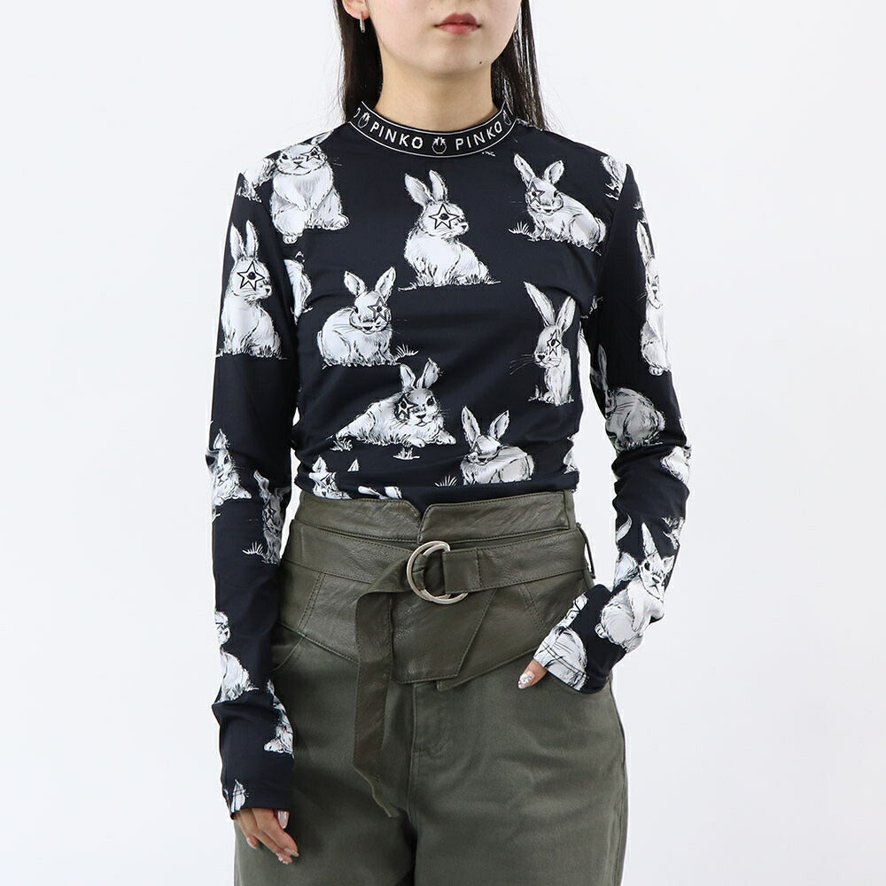 PINKO Tシャツ ブラック うさぎ アニマルプリント 長袖 100731-A0OY
