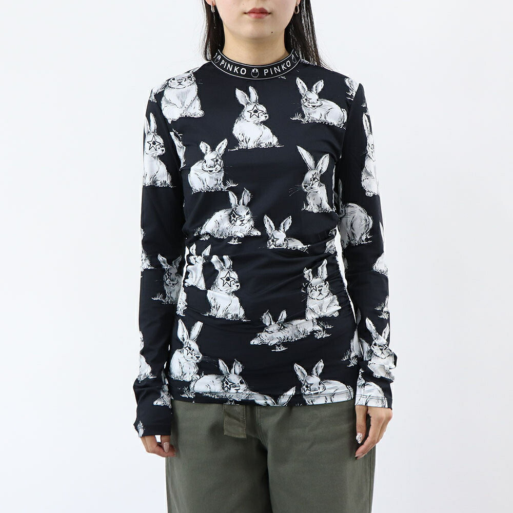 PINKO Tシャツ ブラック うさぎ アニマルプリント 長袖 100731-A0OY