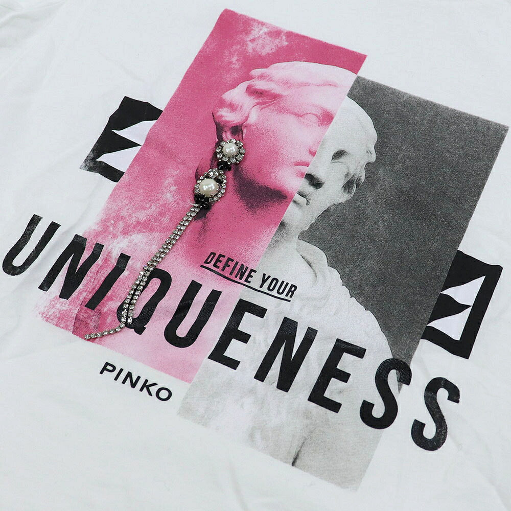 PINKO ピンコ レディース トップス Tシャツ・カットソー ホワイト コットン ビジュー付き 半袖 1Q103D-Y6A5