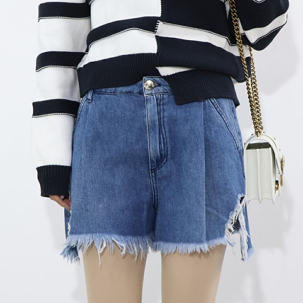 PINKO ボトムス ショートパンツ ブルー デニムパンツ フリンジ ダメージ加工 1J10EW-Y5X8