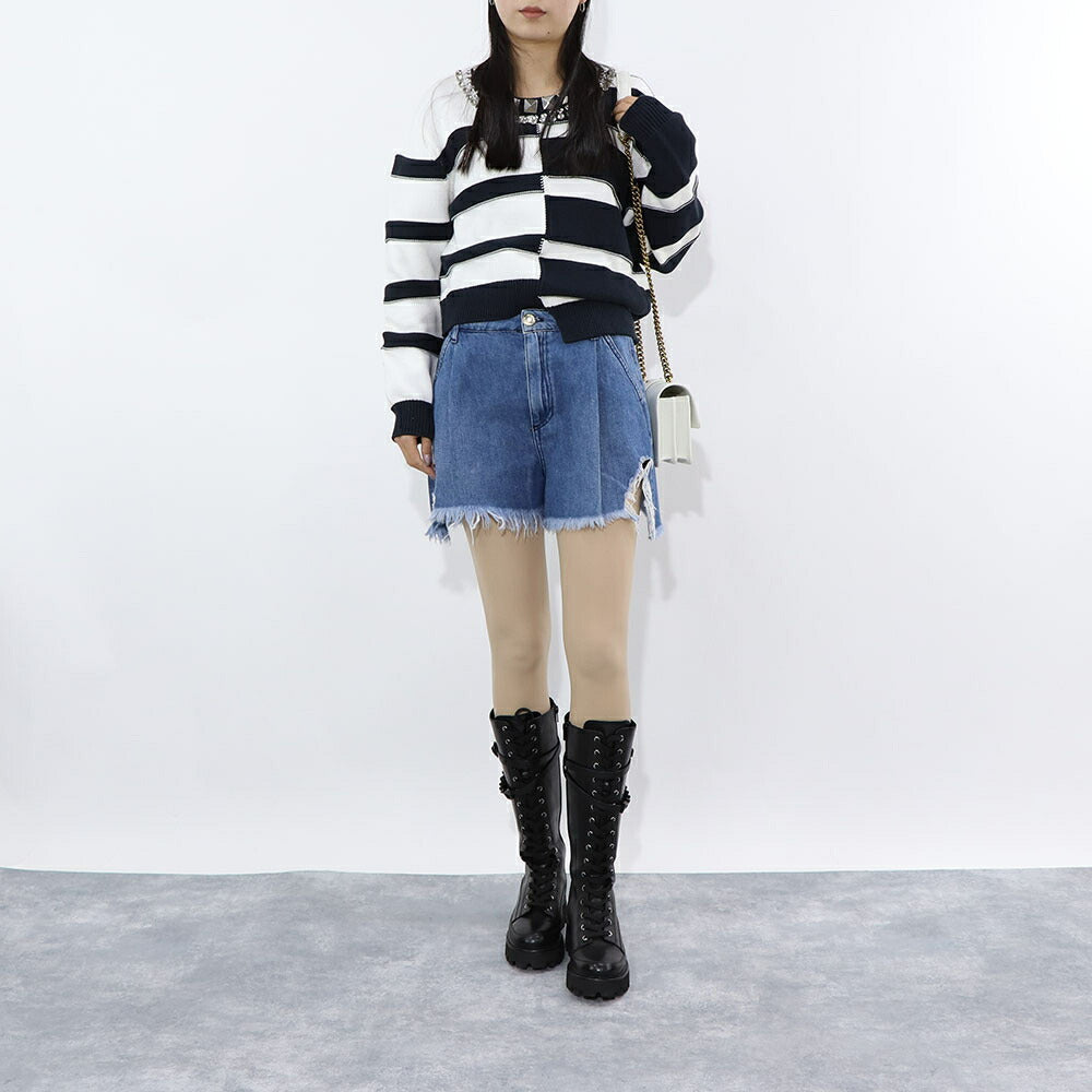 PINKO ボトムス ショートパンツ ブルー デニムパンツ フリンジ ダメージ加工 1J10EW-Y5X8