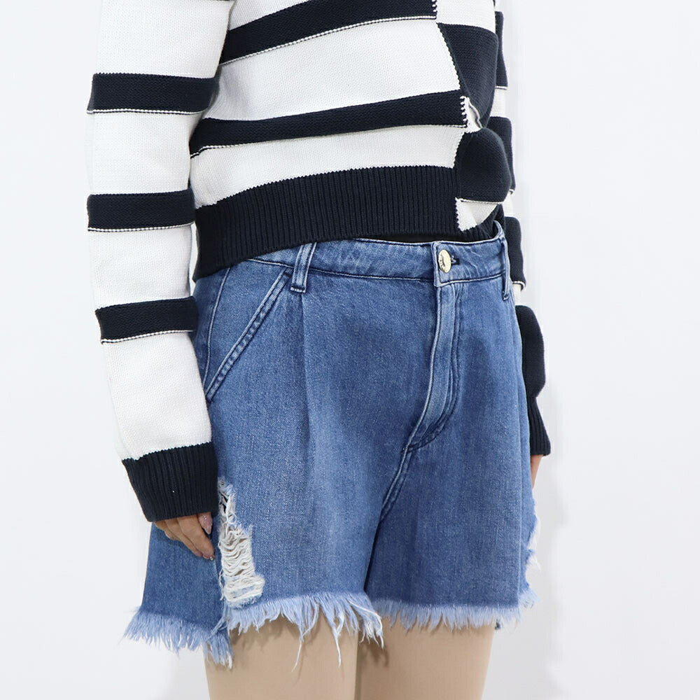 PINKO ボトムス ショートパンツ ブルー デニムパンツ フリンジ ダメージ加工 1J10EW-Y5X8