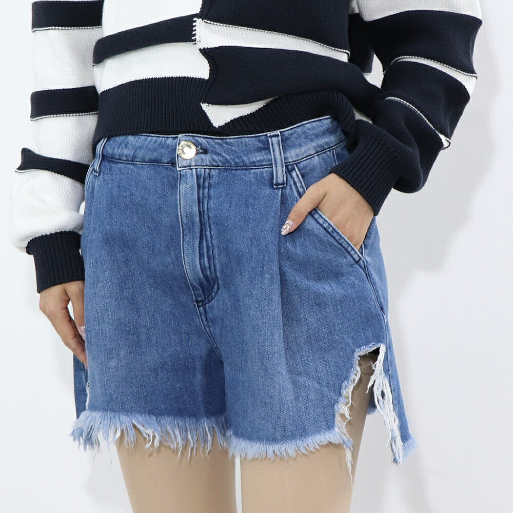 PINKO ボトムス ショートパンツ ブルー デニムパンツ フリンジ ダメージ加工 1J10EW-Y5X8