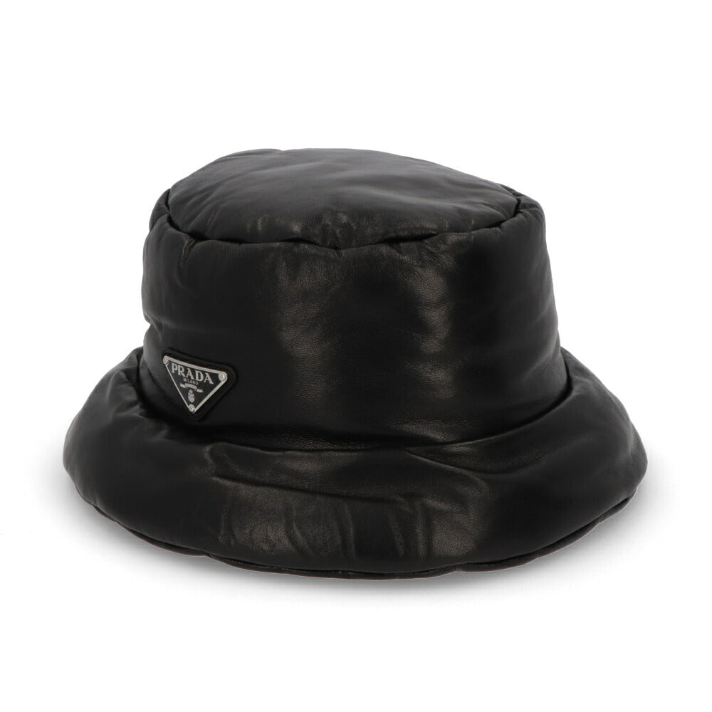PRADA ブラック ナッパレザー バケットハット ロゴ 1HC248