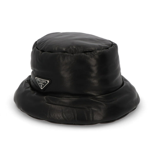 PRADA ブラック ナッパレザー バケットハット ロゴ 1HC248