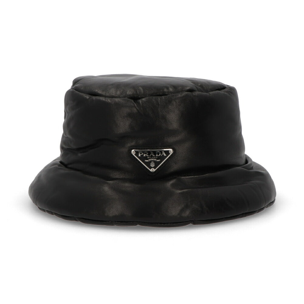 PRADA ブラック ナッパレザー バケットハット ロゴ 1HC248