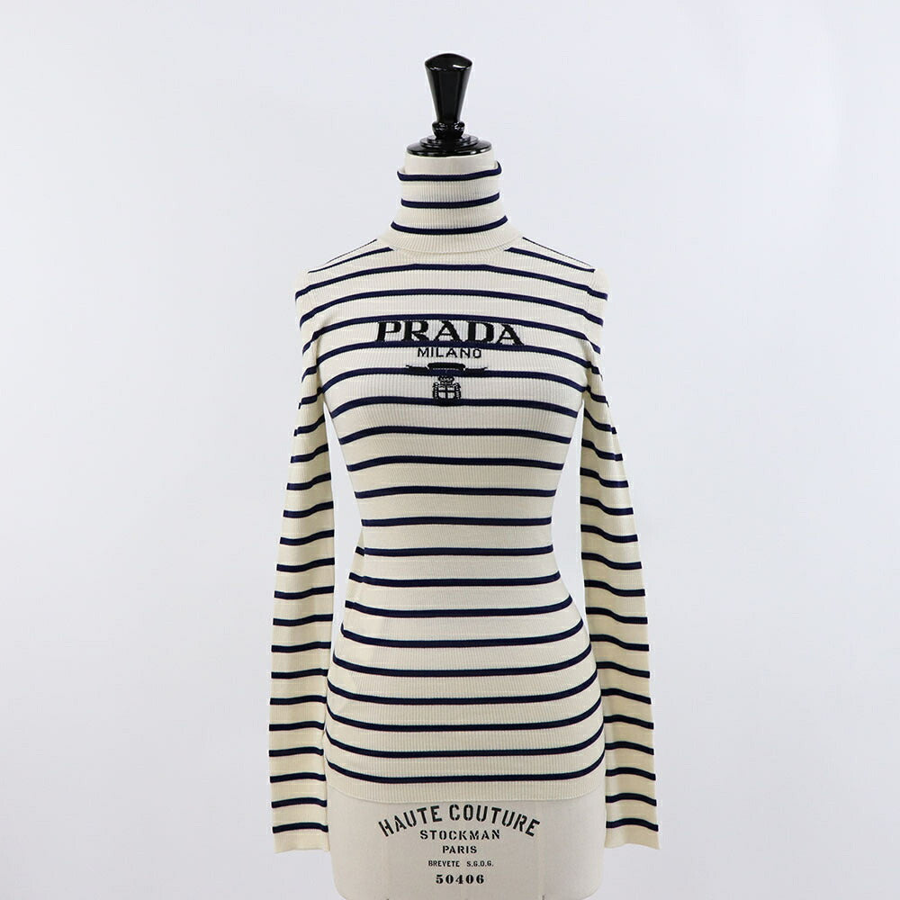 PRADA ニット オフホワイト×ネイビー ボーダー タートルネック P26451 11J5
