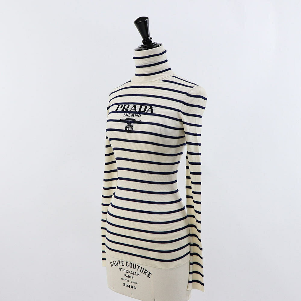 PRADA ニット オフホワイト×ネイビー ボーダー タートルネック P26451 11J5