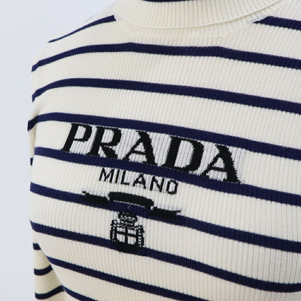 PRADA ニット オフホワイト×ネイビー ボーダー タートルネック P26451 11J5