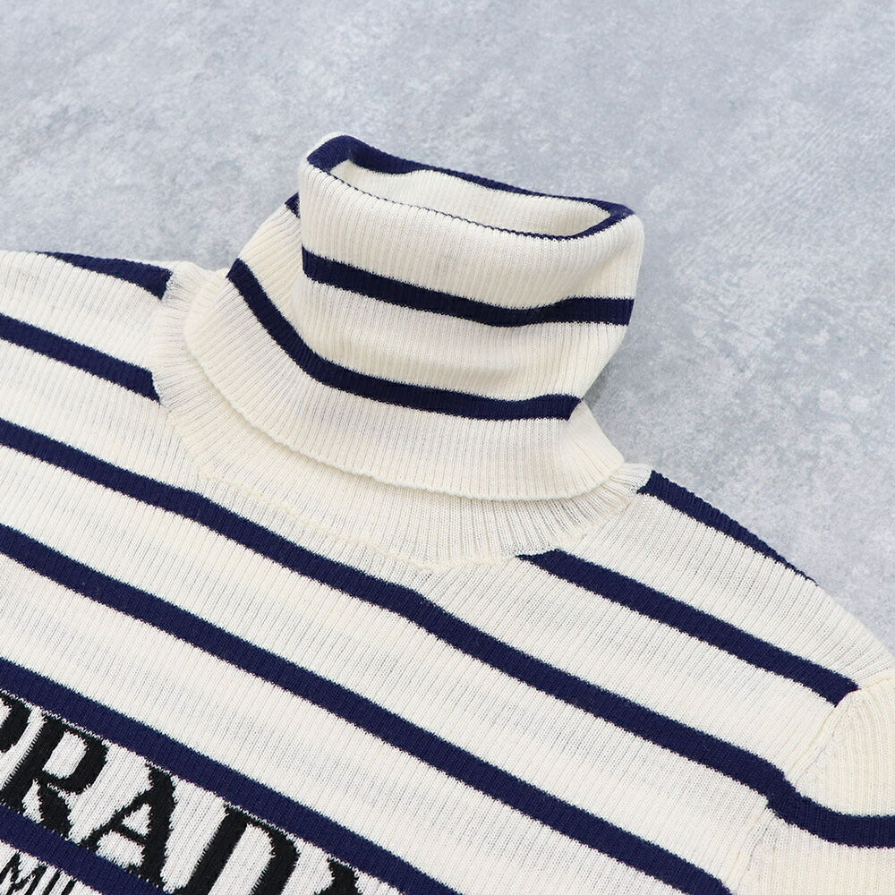 PRADA ニット オフホワイト×ネイビー ボーダー タートルネック P26451 11J5