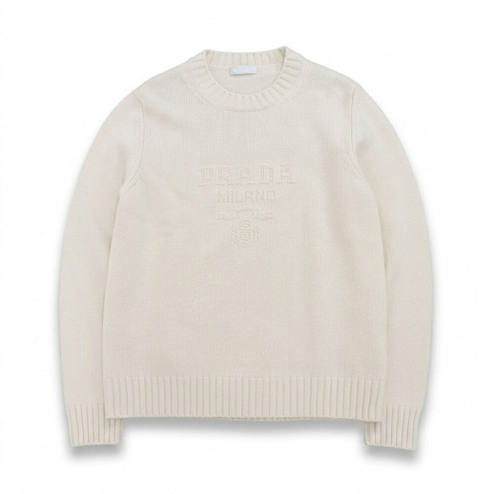 PRADA ニット メンズ ウールxカシミヤ クルーネック セーター ホワイト UMB645 13HI