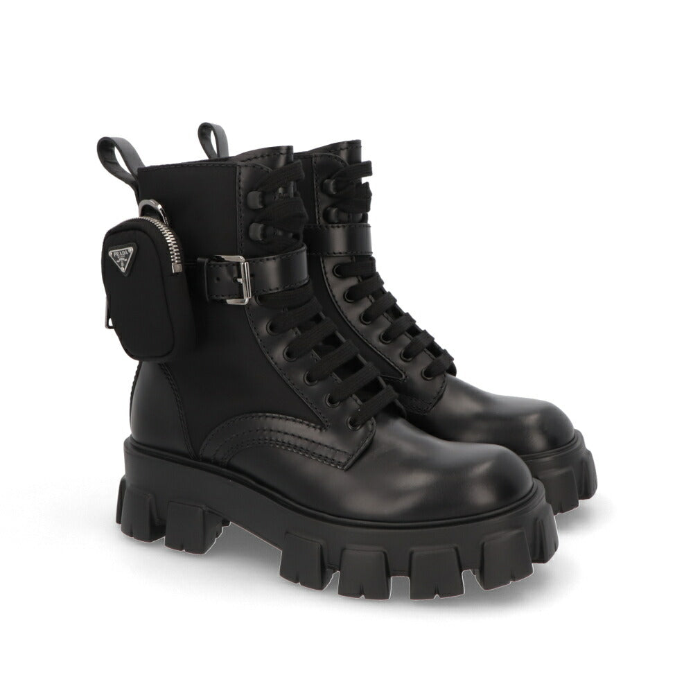 PRADA モノリス ポーチ付 ブラッシュドレザーx Re-Nylon ブーツ ブラック 厚底ブーツ ロゴ ポーチ付き 2UE007 3LFR