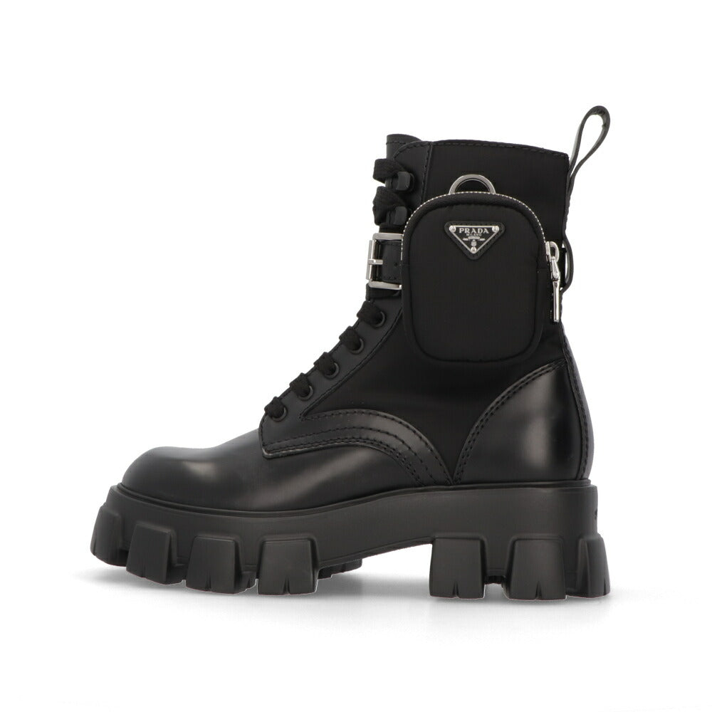 PRADA モノリス ポーチ付 ブラッシュドレザーx Re-Nylon ブーツ ブラック 厚底ブーツ ロゴ ポーチ付き 2UE007 3LFR