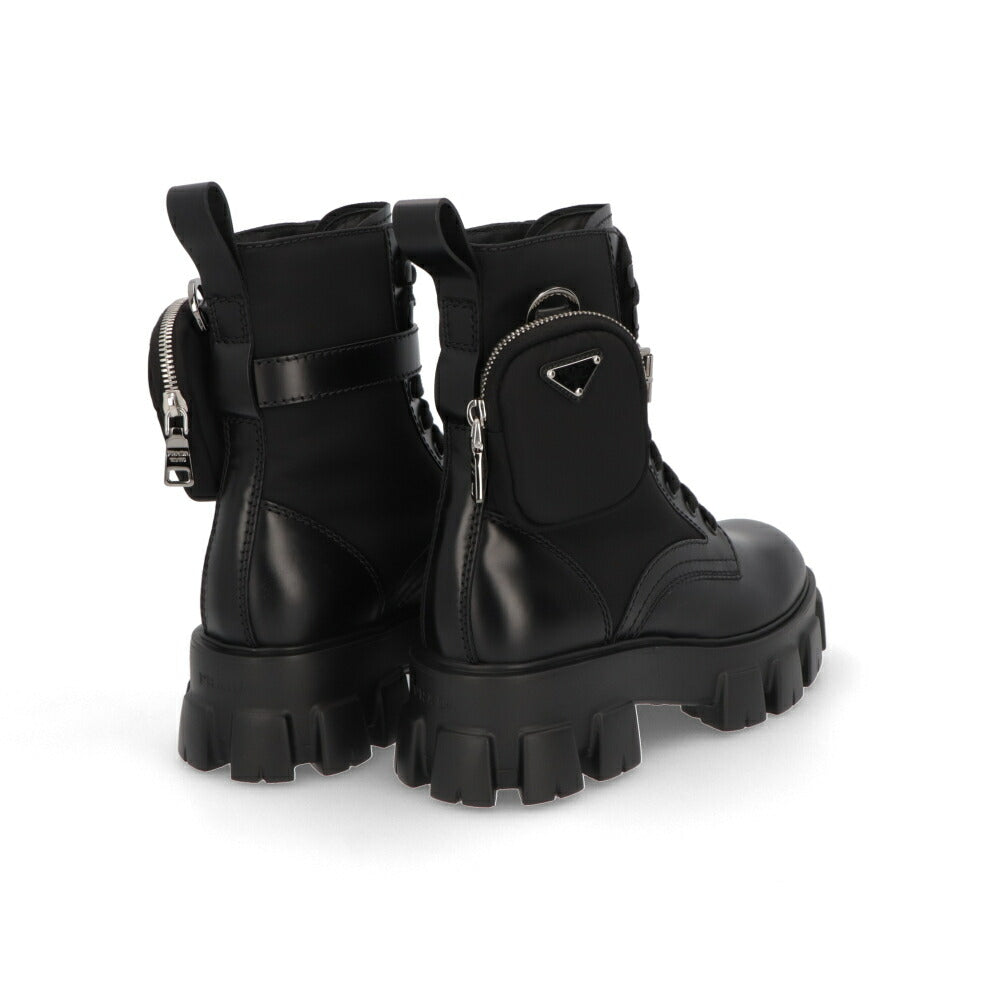 PRADA モノリス ポーチ付 ブラッシュドレザーx Re-Nylon ブーツ ブラック 厚底ブーツ ロゴ ポーチ付き 2UE007 3LFR