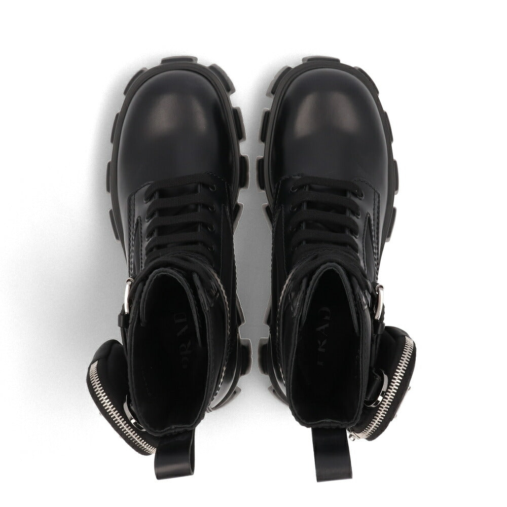 PRADA モノリス ポーチ付 ブラッシュドレザーx Re-Nylon ブーツ ブラック 厚底ブーツ ロゴ ポーチ付き 2UE007 3LFR
