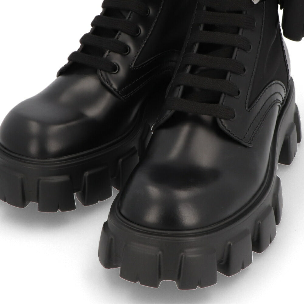 PRADA モノリス ポーチ付 ブラッシュドレザーx Re-Nylon ブーツ ブラック 厚底ブーツ ロゴ ポーチ付き 2UE007 3LFR