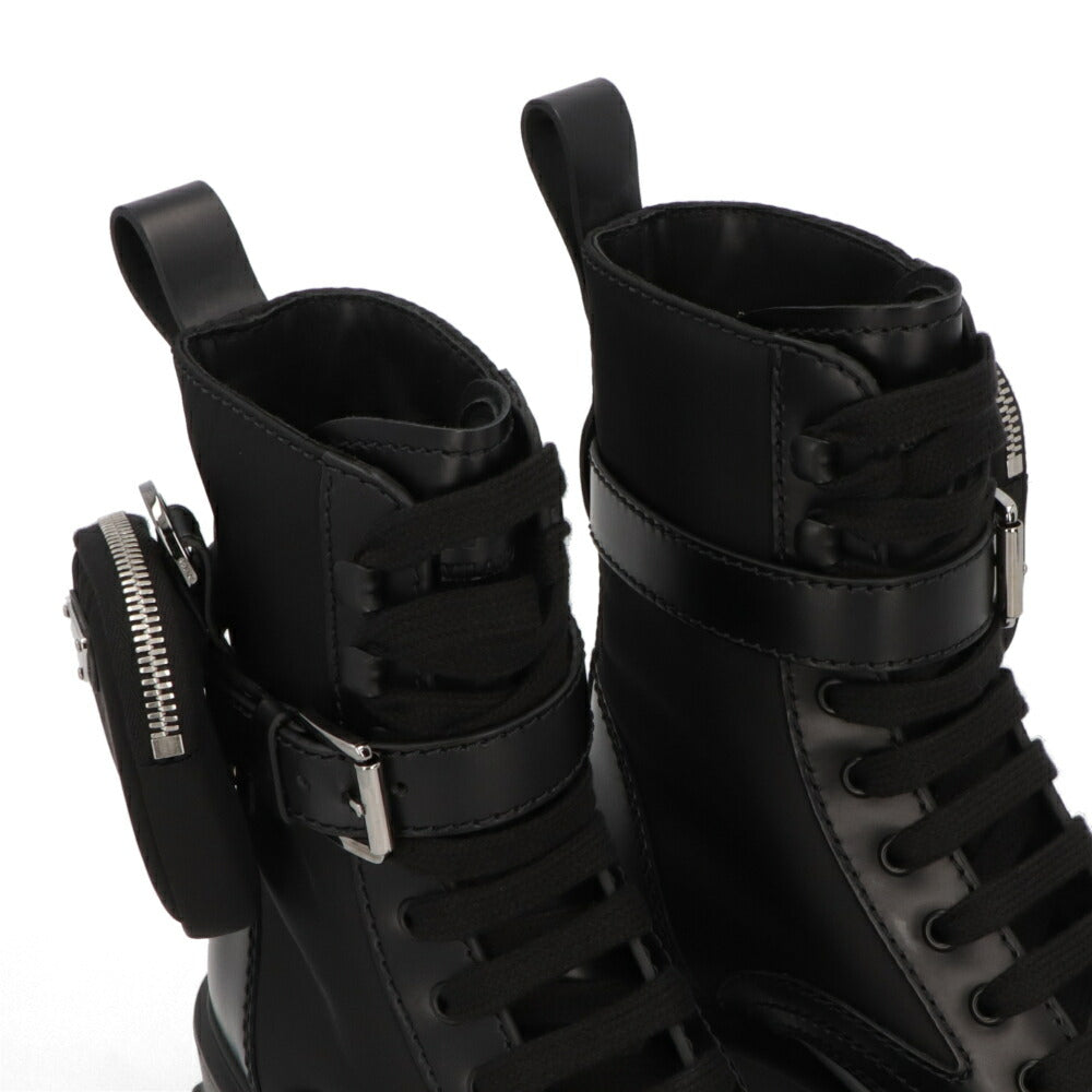 PRADA モノリス ポーチ付 ブラッシュドレザーx Re-Nylon ブーツ ブラック 厚底ブーツ ロゴ ポーチ付き 2UE007 3LFR