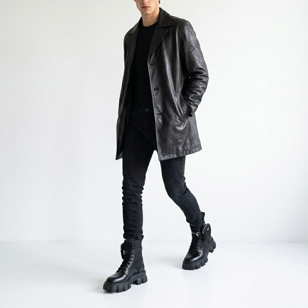 PRADA モノリス ポーチ付 ブラッシュドレザーx Re-Nylon ブーツ ブラック 厚底ブーツ ロゴ ポーチ付き 2UE007 3LFR