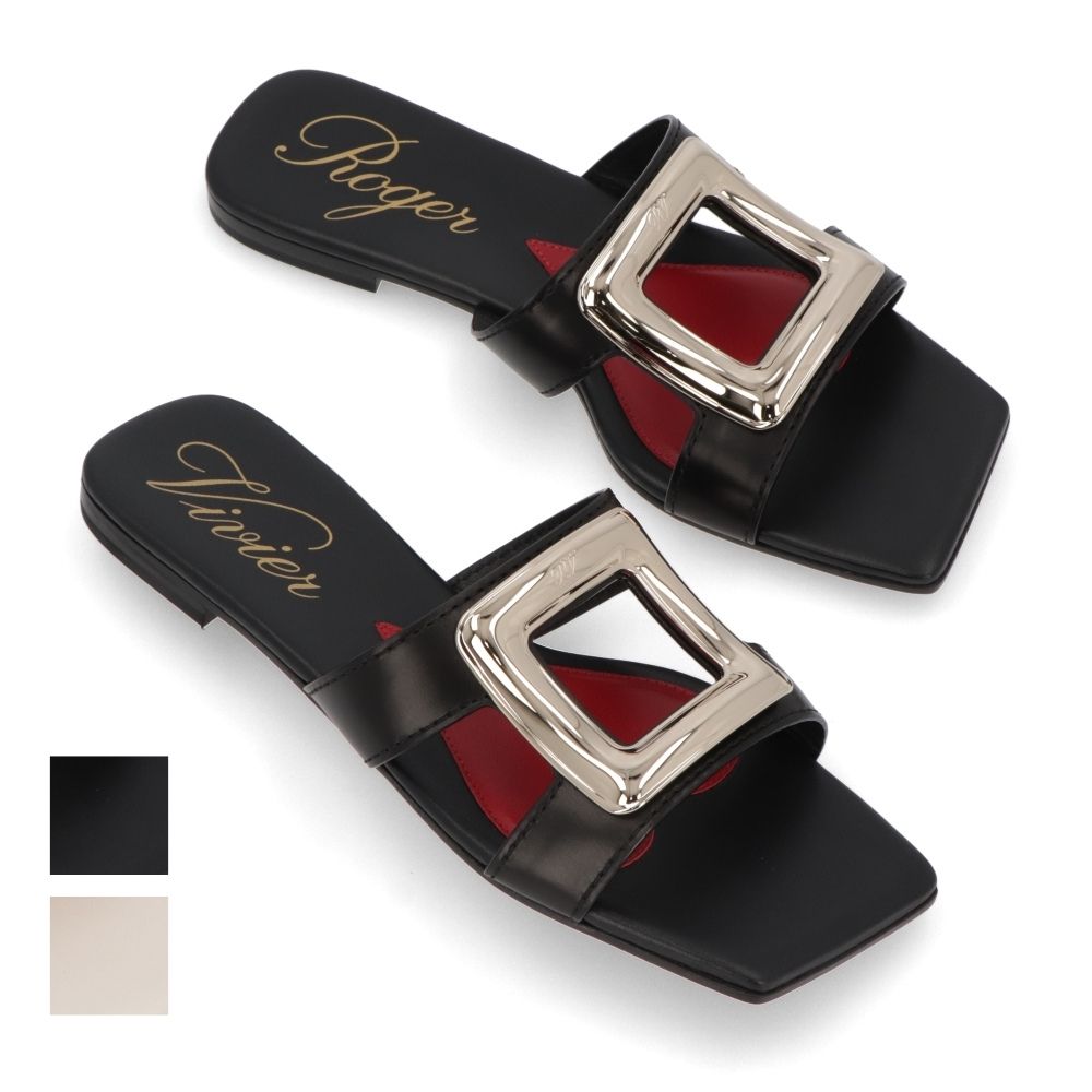 Roger Vivier サンダル ブラック ホワイト フラットミュール スクエアトゥ ヒールなし RVW74738070BSS