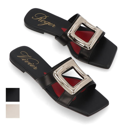 Roger Vivier サンダル ブラック ホワイト フラットミュール スクエアトゥ ヒールなし RVW74738070BSS