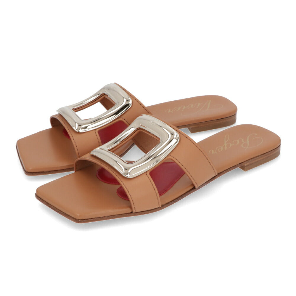 Roger Vivier サンダル Viv' by the Sea ブラウン フラットミュール ゴールドバックル スクエアトゥ ヒールなし RVW74738070D90
