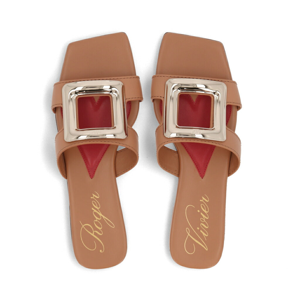 Roger Vivier ロジェ ヴィヴィエ サンダル Viv' by the Sea ブラウン フラットミュール ゴールドバックル スクエアトゥ ヒールなし RVW74738070D90